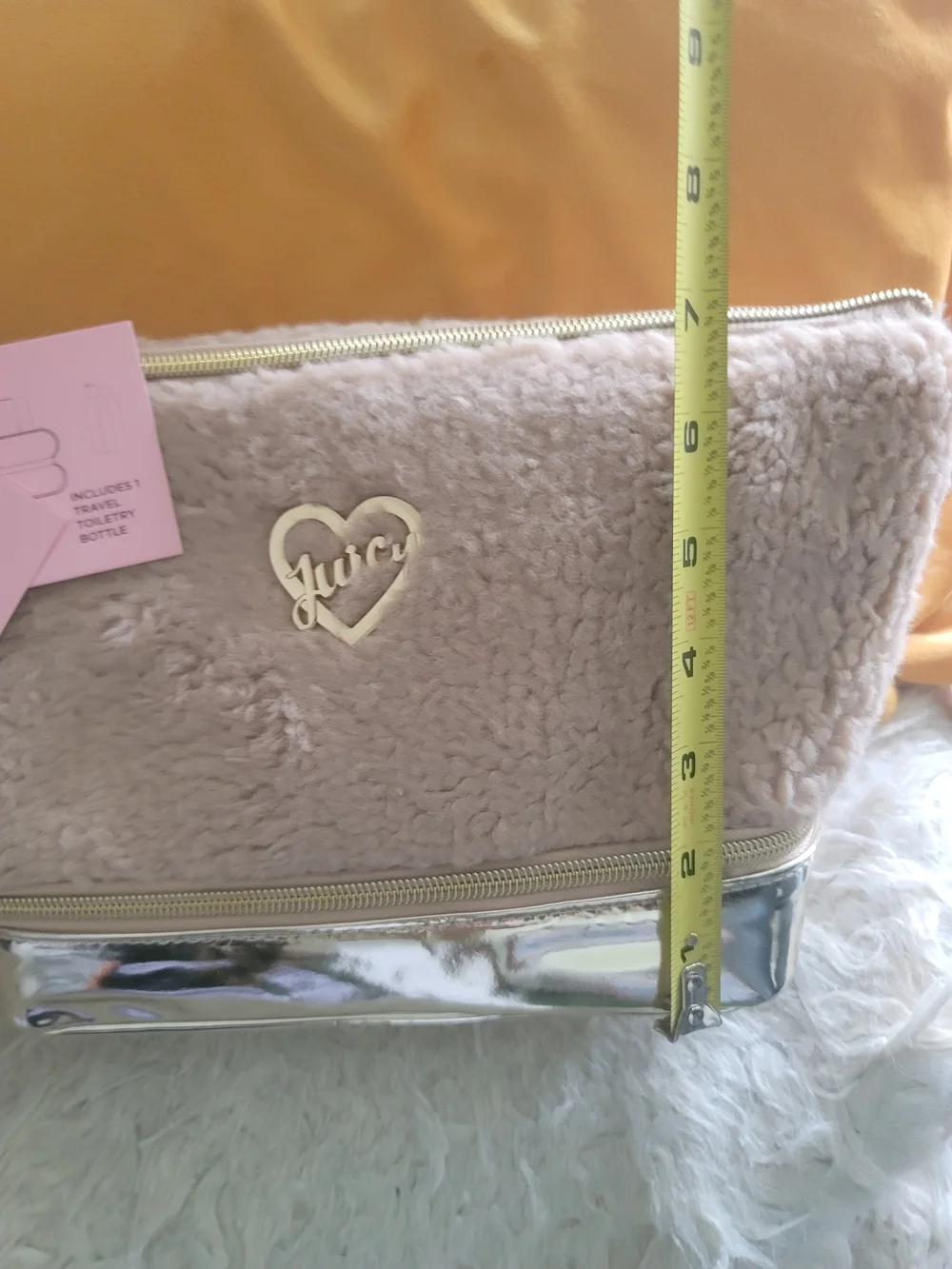 Juicy Couture beige Sherpa And GOLD TONE TWO SECTION COSMETIC TRAVEL BAG